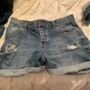 Distressed denim shorts